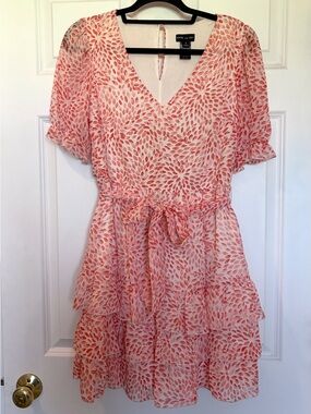 Kate and Lily Coral Dot Print V-Neck Ruffle Dress